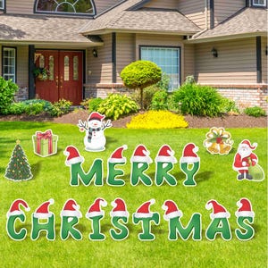 Merry Christmas Yard Signs, 18&quot; Green Santa Hat Lawn Decorations, Large Yard Greeting Sign Sets, Christmas Card Letters with Metal Stakes