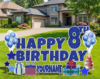 Personalized BLUE Glitter Happy Birthday Yard Sign • Lawn Party Decor
