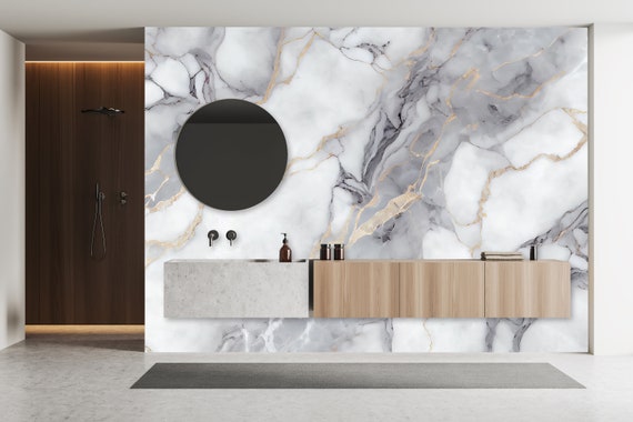 Marble Peel and Stick Wallpaper, White Gray Gold Glossy (Custom Size)