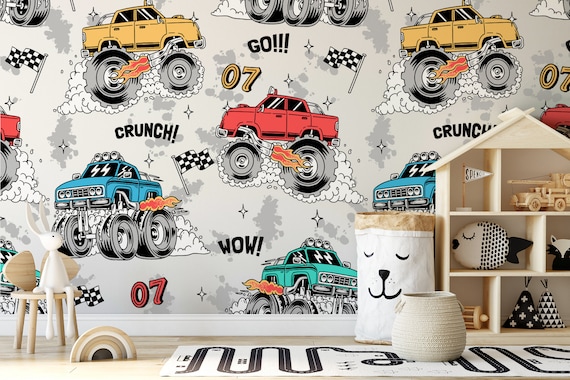 Custom Size Wallpaper - Monster Trucks Wallpaper  - Peel and Stick Wall Decal - Self Adhesive or Pre-Pasted - Removable Wallpaper