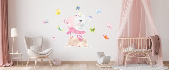 Elephant with Butterflies Wall Decal - Removable Vinyl Sticker Mural Art Decor for Girls and Kids Bedroom Stickers for Baby and Nursery Room