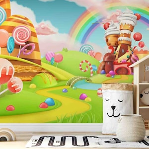 Custom Size Wallpaper - Cartoon Sweet Candy Land Wallpaper - Peel and Stick Wall Decal - Self Adhesive or Pre-Pasted - Removable Wallpaper