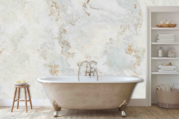 Peel and Stick Wallpaper - Modern White Gold Marble Design