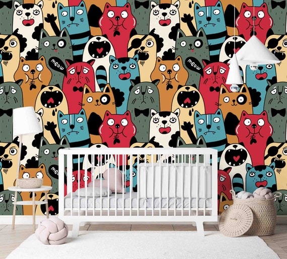 Custom Size Wallpaper - Crowd of Cats in Different Colors Wallpaper- Peel and Stick Wall Decal - Self Adhesive or Pre-Pasted