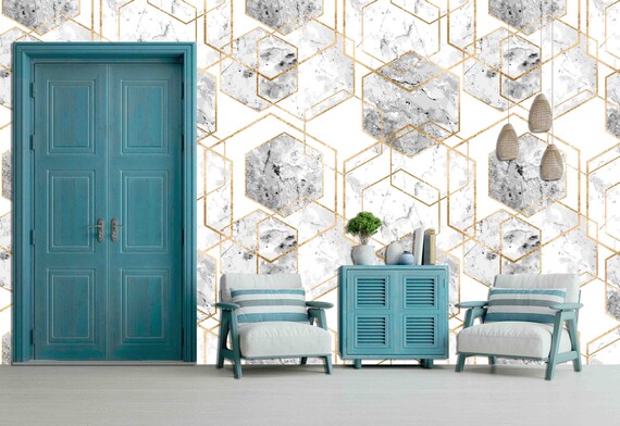 Custom Size Wallpaper - Gold Lines Marble Polygons Wallpaper - Peel and Stick Wall Decal - Self Adhesive or Pre-Pasted