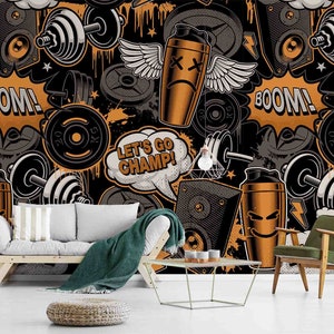 Custom Size Wallpaper - Fitness Theme in Graffiti Style Wallpaper - Peel and Stick Wall Decal - Self Adhesive or Pre-Pasted