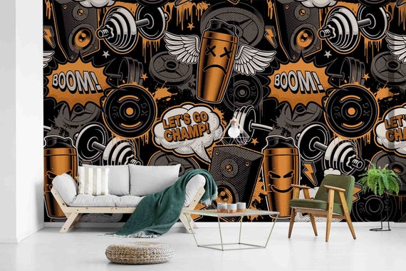 Fitness Graffiti Wallpaper - Custom Size Peel and Stick Wall Mural