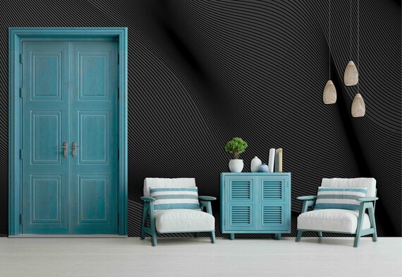 Custom Size Wallpaper - Black Abstract Wavy Line Pattern Wallpaper  - Peel and Stick Wall Decal - Self Adhesive or Pre-Pasted