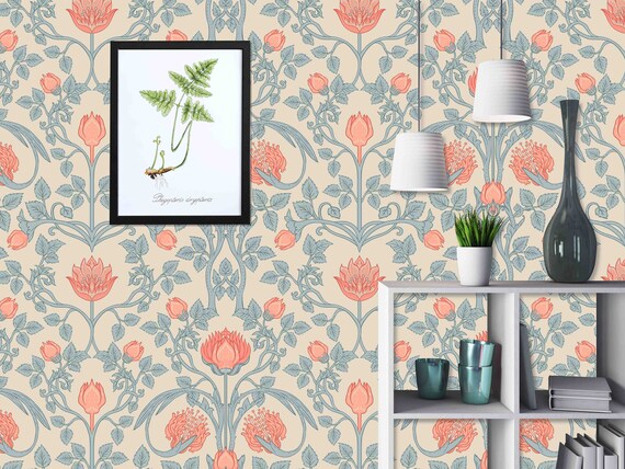 Custom Size Wallpaper - Floral Vintage Pattern Retro Wallpaper - Peel and Stick Wall Decal - Self Adhesive or Pre-Pasted