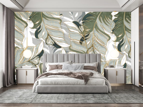 Hand-Painted Tropical Plant Wallpaper - Custom Size Peel and Stick