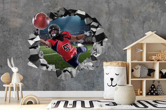 Custom Size Wallpaper - 3D Wall Flying Fire Football Player Wallpaper - Peel and Stick Wall Decal - Self Adhesive or Pre-Pasted