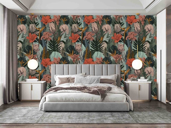 Custom Size Wallpaper - Tropical Flowers and Leaves Wallpaper - Peel and Stick Wall Decal - Self Adhesive or Pre-Pasted