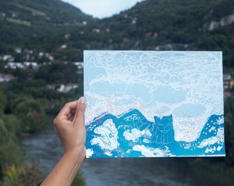 blaue Katze - A4 Siebdruck