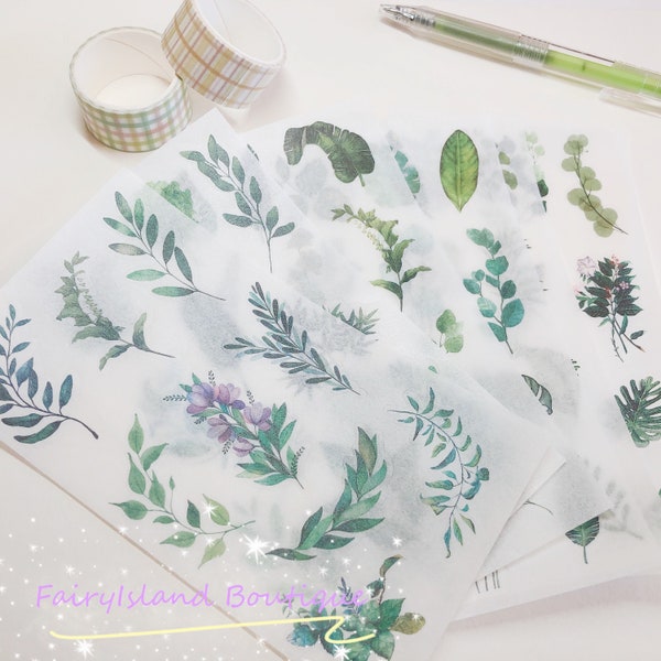 Green Leaves Stickers 6 Sheets, Washi Stickers, Semi-transparent