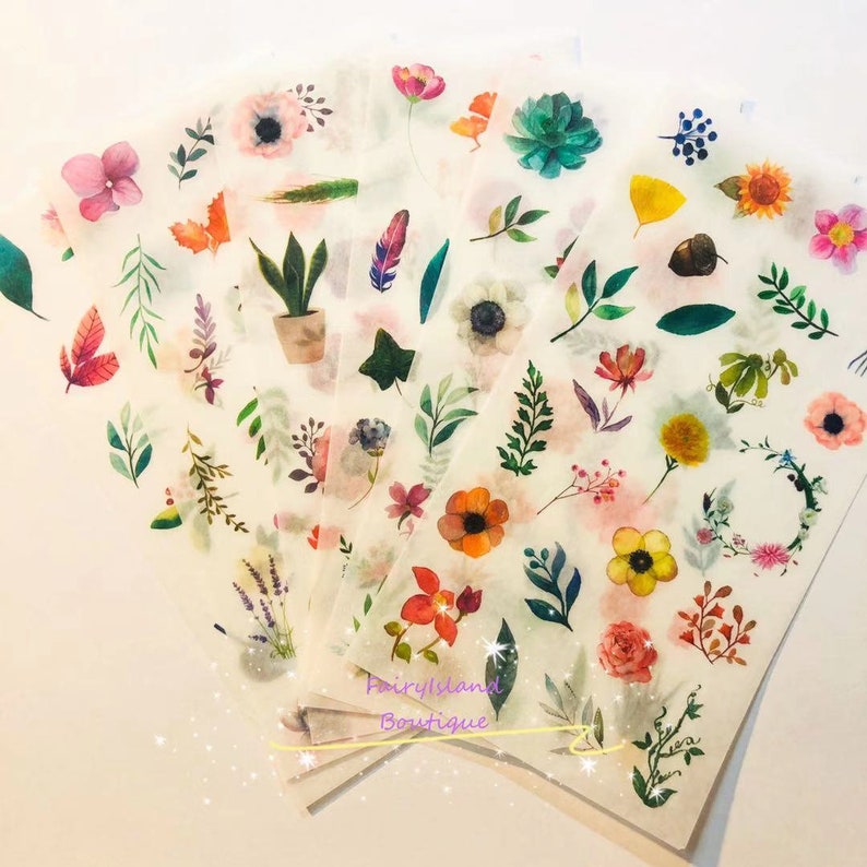 Floral Washi Paper Stickers 6 Sheets,semi-transparent 