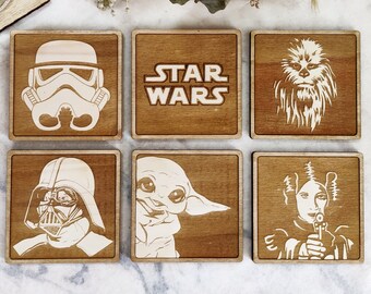 Engraved Star Wars Wooden Coaster Gift Set Darth Yoda Housewarming Leia R2D2 Engraved Star Wars Wooden Coaster Gift Set Darth Yoda Housewarming Leia R2D2
