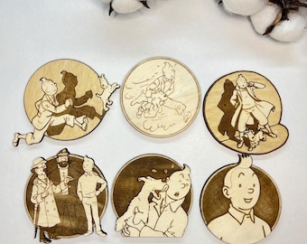 Set of 6 TinTin Wooden Coasters - Home Decor - Geek Gift -Handmade Supplies -Wood Handmade -Housewarming - Unique - Animation -Classic Comic