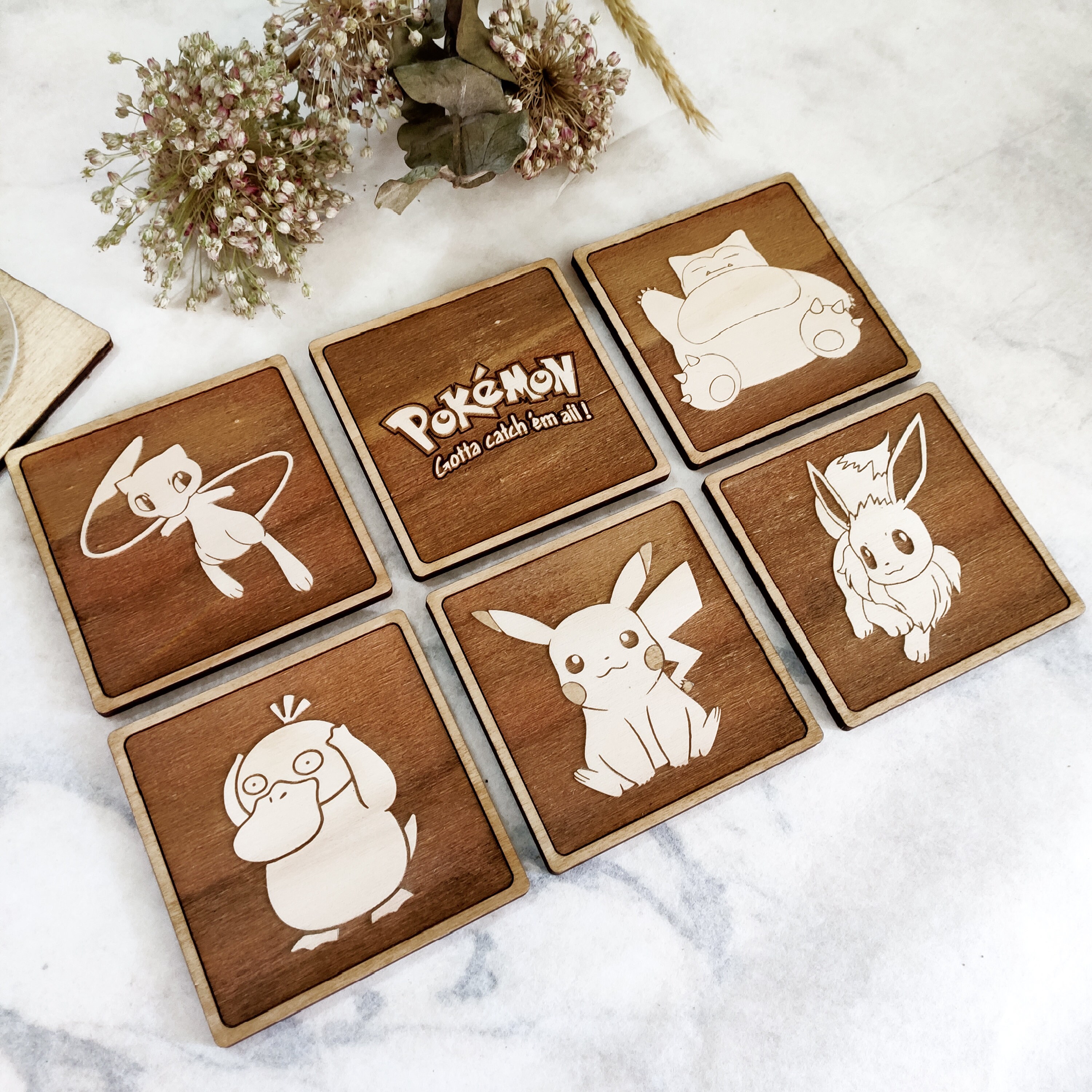 Set of 6 Pokemon Wood Coasters - Cute Pokemon Coaster - Cup Holder