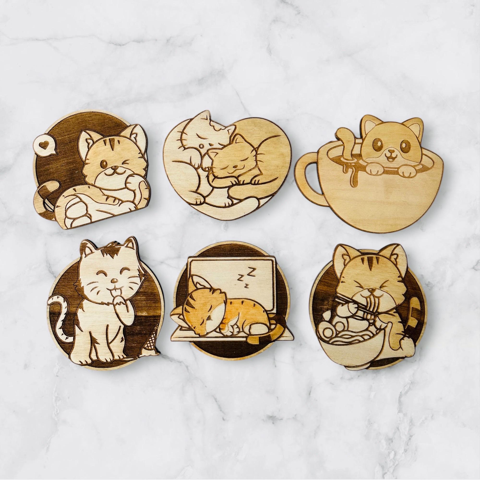 Set of 6 Cats Collection Wooden Coasters - Home Decor - Pet Gift - Handmade Supplies - Wood Handmade - Housewarming - Pet Collection-Cat Art