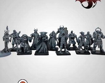 May include: A set of 12 grey painted miniature figures, including a goblin, a wizard, a knight, and a demon. The figures are all standing on black bases. The figures are part of a set called "The Dragons Dream".