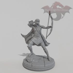 May include: A gray figurine of an archer in a dynamic pose, drawing back a bow. The figure is clad in armor and a cape, standing on a rocky base. The Dragons Dream logo is visible in the background.