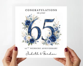 Personalised  Blue Sapphire 65th Wedding Anniversary Card | 65th Watercolour Floral Couple Gift