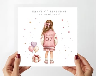May include: A square birthday greeting card featuring a watercolor illustration of a child from behind, wearing a pink and cream varsity jacket with the name Annabelle and number 07, pink skirt, and sneakers, with balloons and a gift, text reads HAPPY 7TH BIRTHDAY.