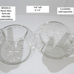 May include: Two clear glass Hazel Atlas Parti-ade coasters/ashtrays from 1938-1942. Each coaster is divided into three sections and features a decorative design. The coasters are approximately 5-8/8 inches tall and 6 inches by 6 inches.