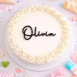 May include: A round cake with white icing and a decorative buttercream border. The name "Olivia" is written in black script across the top. The cake sits on a white plate, surrounded by colourful confetti and decorations.