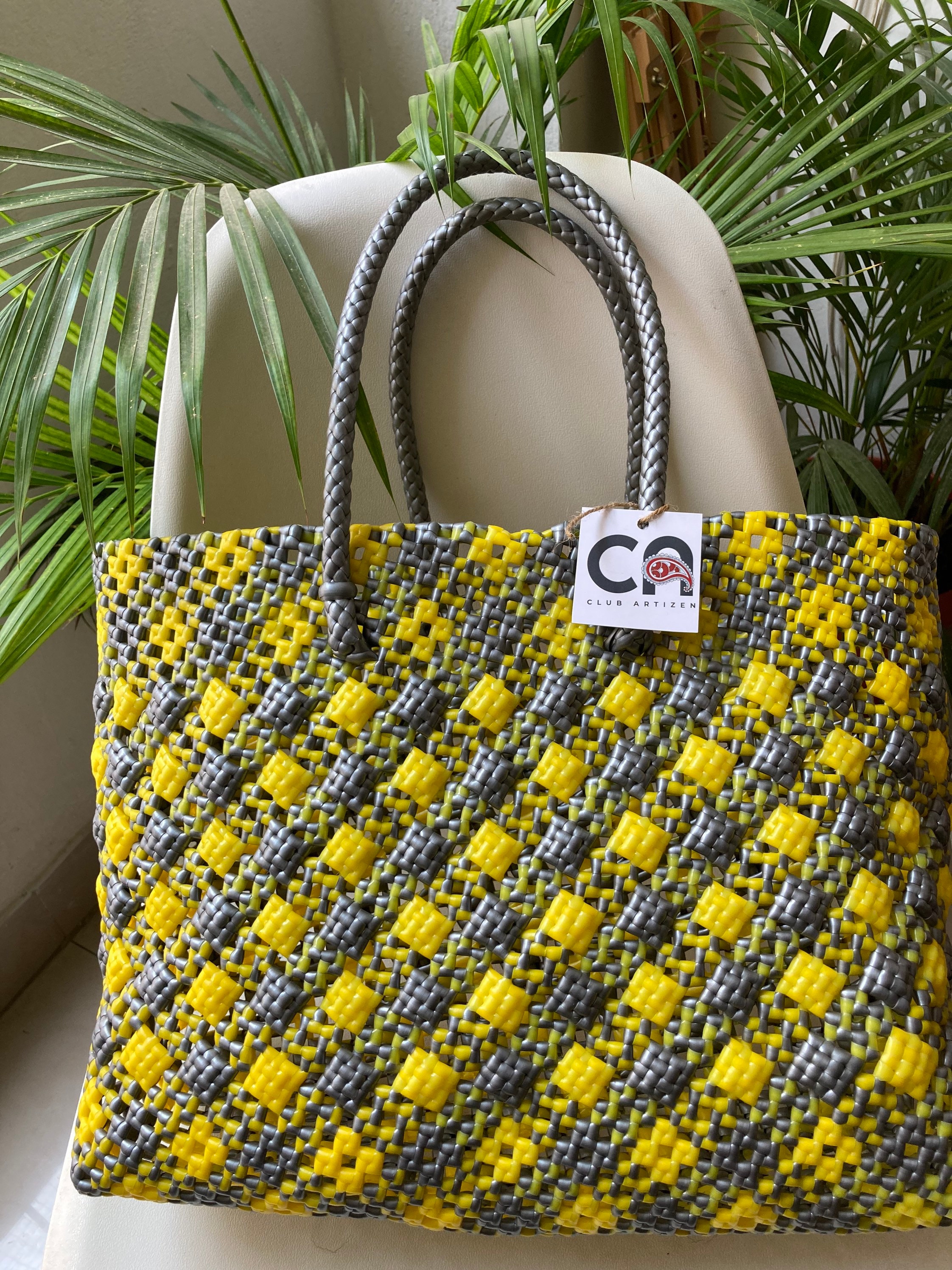 Recycled plastic basket bags hand knitted yellow/gray OR Etsy