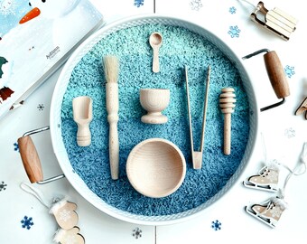 Montessori Tools | Wooden Scoops | Scoop & fill | Wooden Tool Set | Treasure Basket | Sensory play | Tongs | Bowls | Tray