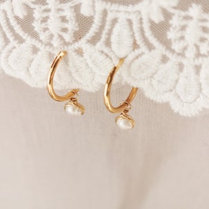 Pearls Earrings, Tiny Pearl Huggie Hoops, Wedding Pearl Earrings, 14k Gold Plated Drop Earrings with Pearls, Delicate Pearl hoops