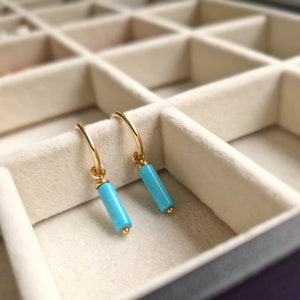 Gold Turquoise Hoops, Rectangle Hoops, Woman's Day Gift, 14k Gold Filled Huggies with Turquoise image 1