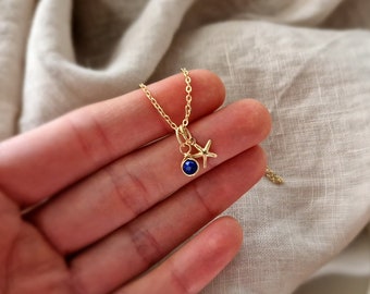 Gold Starfish Necklace, Blue Crystal Necklace, Lapis Lazuli Pendant,  14K Gold Filled Choker, Personalised Gift