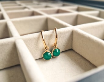 14K Gold Malachite Hoop Earrings,  Malachite dangle earrings, Gift for Her