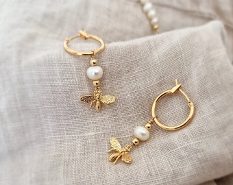 Gold Bee Earrings, Dainty Pearl Earrings, Bee Dangle Drop Earrings, Wedding Earrings, Birthday Earrings, Gift for her