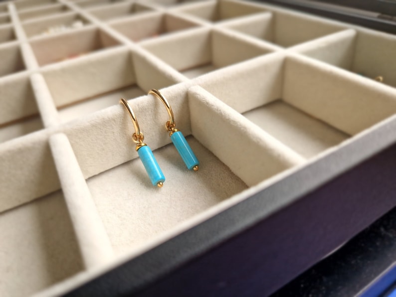 Gold Turquoise Hoops, Rectangle Hoops, Woman's Day Gift, 14k Gold Filled Huggies with Turquoise image 1