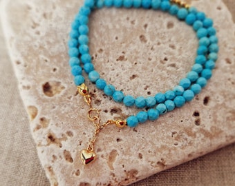 Turquoise bracelet with little heart, Howlite choker with gold heart