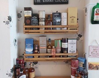 Handmade bespoke reclaimed wooden floating bottle whiskey wine gin bar shelves