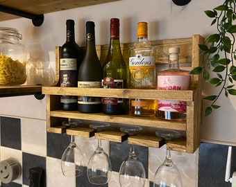 Rustic Shabby Chic Pallet Wood Wall Mounted Wine Gin Rack with Glass Holder