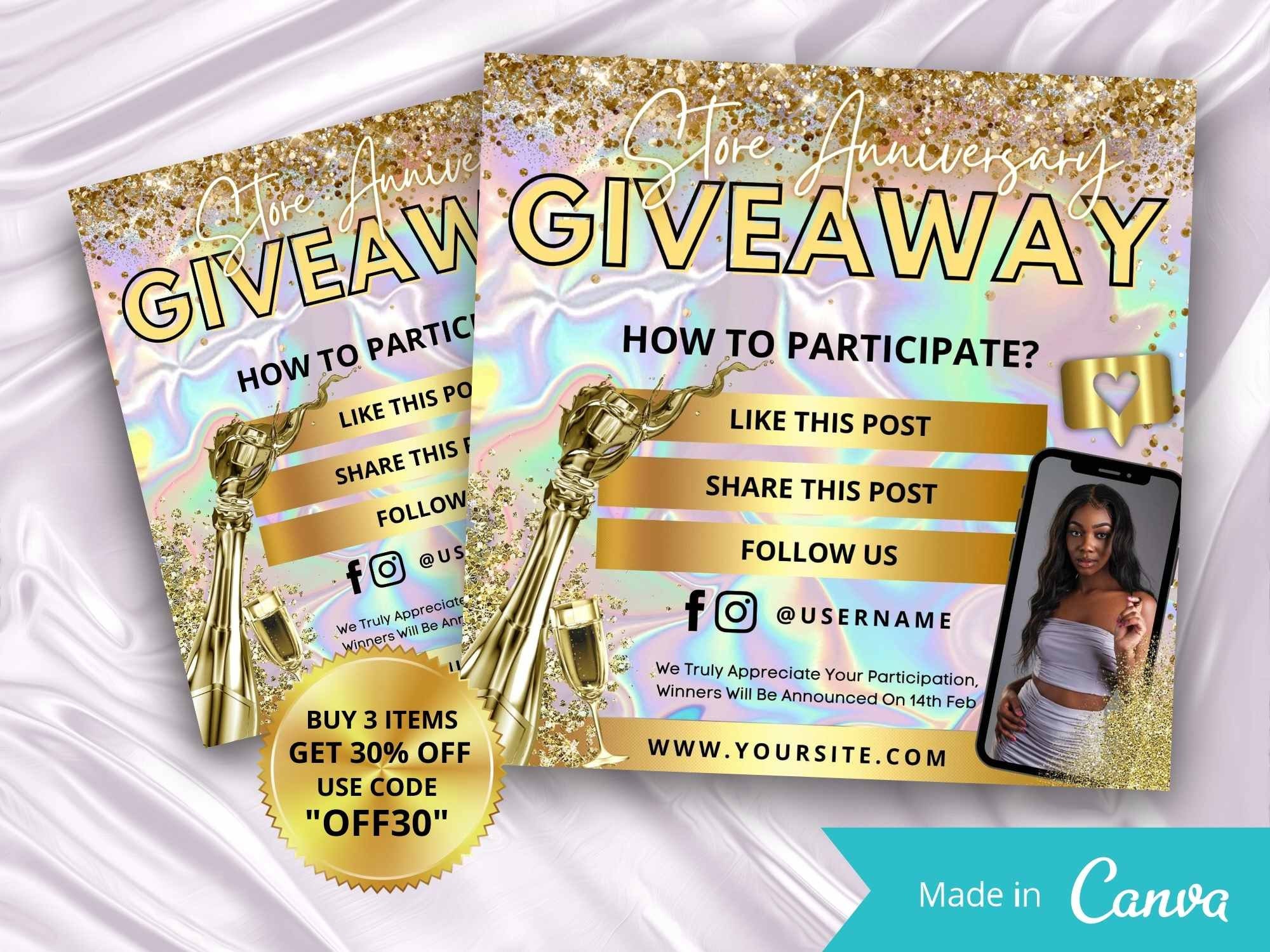 GOLD GIVEAWAY Flyer Template, Grand Opening flyer, Shop Anniversary Flyer,  DIY social media flyer, raffle flyer, instagram flyer Regarding Raffle Flyer Template Free