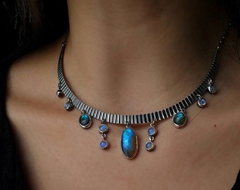 Antique look Medieval Labradorite & rainbow moonstones necklace, 925 Sterling silver handcrafted magical unique labradorite collar choker