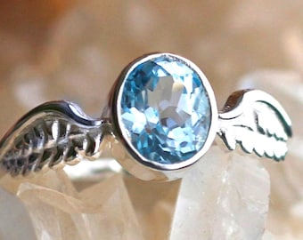 Sky Blue Topaz Angel Wings Ring: 925 Sterling Silver Spiritual Jewelry