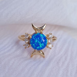 Blue Opal Triple Goddess 925 Silver Ring, Triple Moon Ring, Gold Hecate Ring