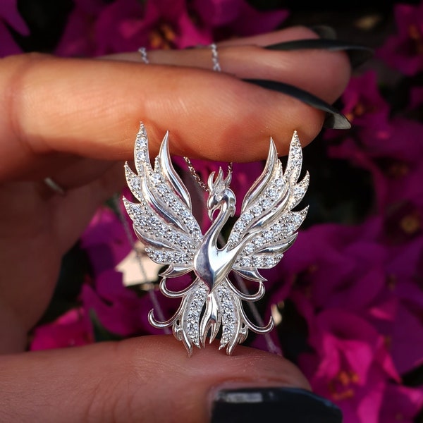 Sparkly Phoenix Necklace with Zircon 925 Sterling Silver Simurgh Necklace, rebirth symbol