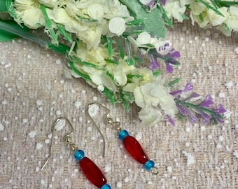 Light Blue and Red Handmade Earrings