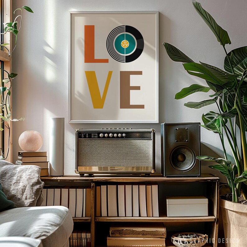 May include: A framed art print with the word "LOVE" in orange, yellow, and brown letters, and a vinyl record graphic. Below the print is a vintage amplifier and speaker on a wooden shelf filled with books.
