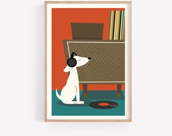 Mid Century Modern Dog Art Print, Music Wall Art, Retro Dog Poster, Dog Lover Gift, Printable Wall Art, Digital Download