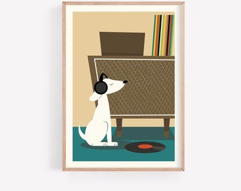 Mid Century Modern Dog Art Print, Neutral Wall Art, Music Wall Art, Retro Dog Poster, Dog Lover Gift, Printable Wall Art, Digital Download