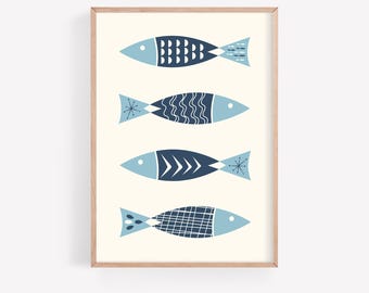 Impressão de peixe em estilo moderno de meados do século XX, arte de parede costeira, decoração náutica para casa de praia, arte de parede com peixes, arte de parede náutica com oceano azul, download para impressão